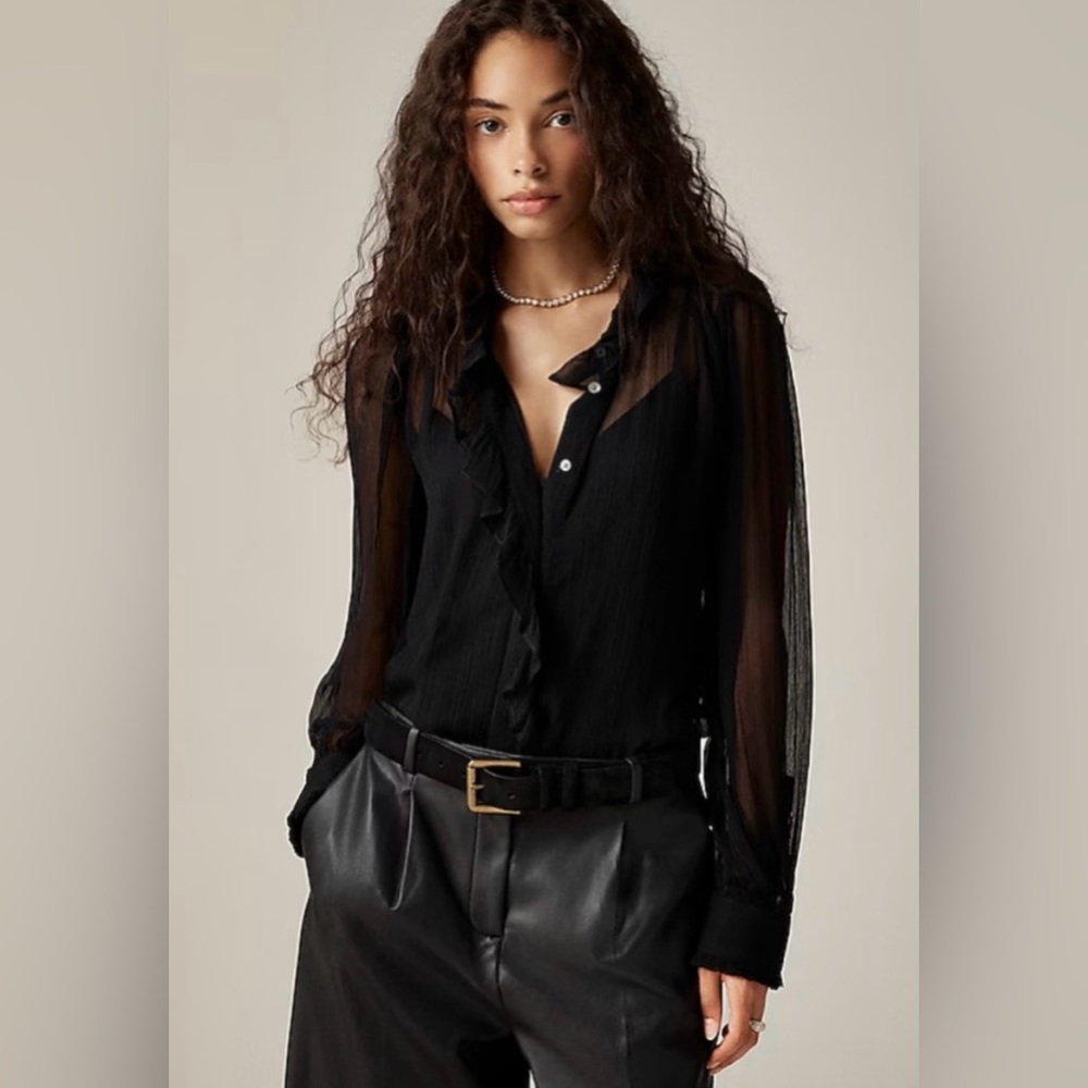J.Crew Ruffle button-up shirt in crinkle chiffon in black